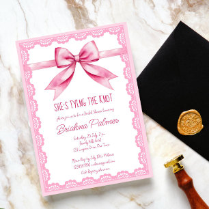 She's tying the knot pink bow display shower enclosure card