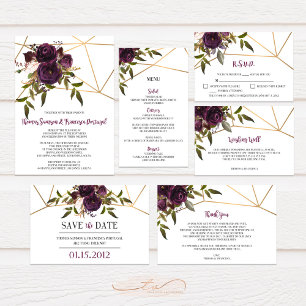 Plum Floral Faux Gold Geometric Wedding Invitation