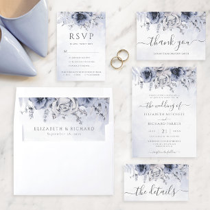 Dusty Blue Watercolor Floral Wedding Details Enclosure Card