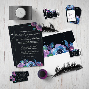 Deep Blue Purple Moody Twilight Floral Wedding Invitation