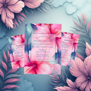 fuchsia hawaiian tropical floral hibiscus wedding acrylic invitations