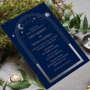Mystical Chic Blue Silver Star Moon Photo Wedding Thank You Card