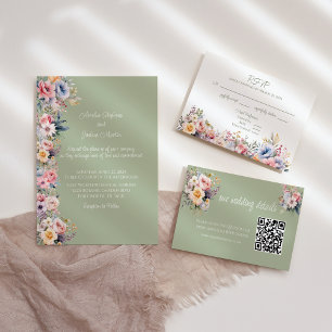 Colourful Wildflower Sage Green Wedding Invitation