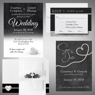 Diamond Heart Elegance Black & White Wedding Invitation