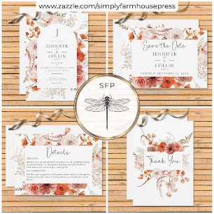 Boho Burnt Orange Fall Floral Arch Monogram White Invitation