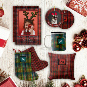 Scottish Red Tartan Gingham Pattern Black Monogram Small Christmas Stocking