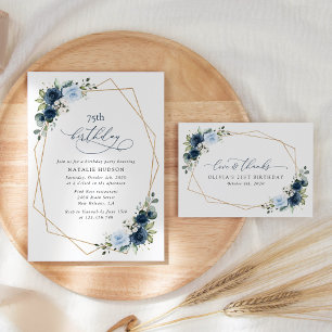 Navy Flowers, Blue Flowers, Greenery, Birthday Invitation