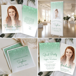 2025 Glam Green Glitter Drip Photo Graduation Invitation