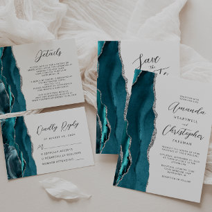 Elegant Teal Silver Agate Script Wedding Invitation