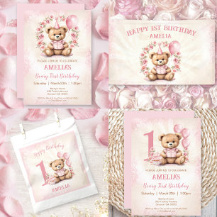 Cute Bear Pink 1st Birthday Name Wrapping Paper