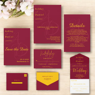 Minimal Burgundy And Gold Monogram Elegant Wedding Invitation