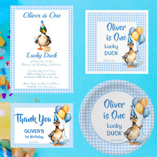 One lucky duck blue gingham birthday template