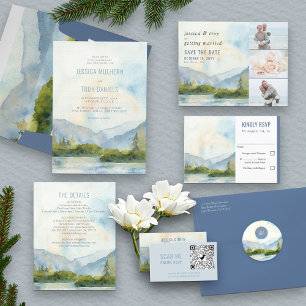 Mountain Lake Watercolor Wedding 3 Photo Save The Date