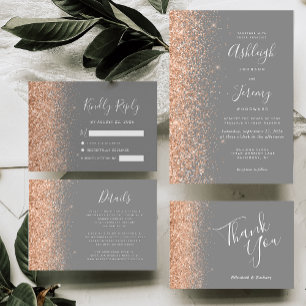Modern Peach Glitter Edge Grey Wedding Invitation