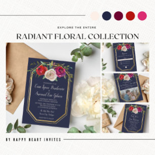 Radiant Floral Navy Blue Burgundy Photo Wedding Invitation
