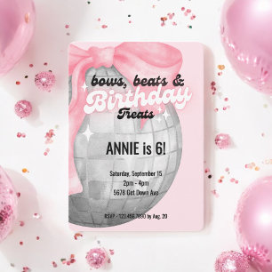 Watercolor Pink Bow Silver Disco Ball Birthday Invitation
