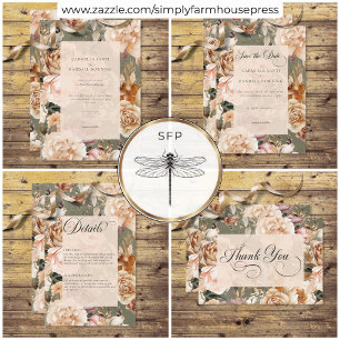 Vintage Romantic Champagne Beige & Sage Floral Save The Date