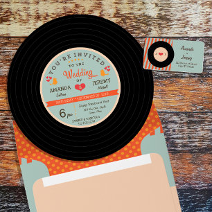 French Modern Retro Vinyl Record Coral Sky Wedding Invitation