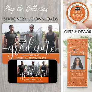 Modern Orange, Black and White 4 Photo Graduation Announcement
