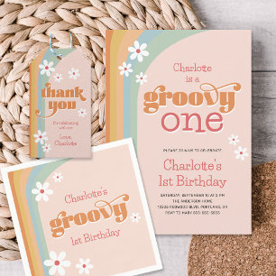 Girl's Groovy One Retro Daisies 1st Birthday Invitation