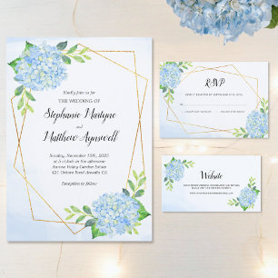 Modern Floral Geometric Blue Hydrangea Wedding Invitation