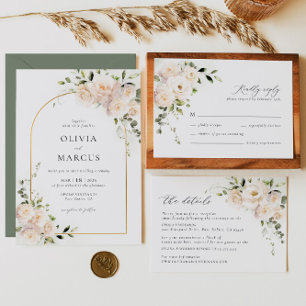 White Rose Floral Sage Elegant Wedding RSVP Card