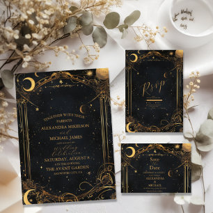 Tarot Celestial Wedding Sun Moon Stars Gold Invitation