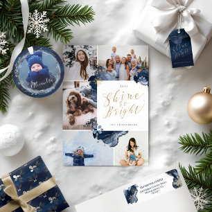 Navy & Gold Watercolor Gold Snowflakes & Jewels Return Address Label