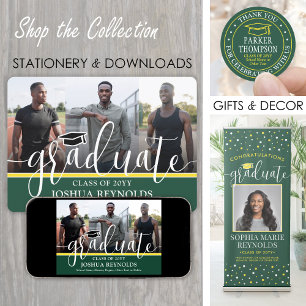 Modern Script Green and Gold 4 Photo Graduation Announcement