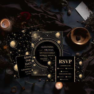 Mystical Black Gold Celestial Galaxy Wedding Invitation