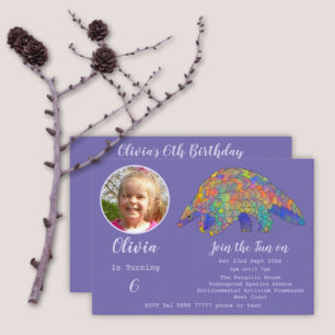 Pangolin Party Girls 6th Birthday Photo Purple  Invitation