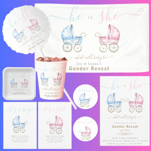 He or She Pink & Blue Stroller Gender Reveal Party Invitation