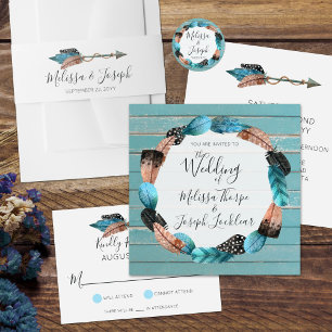 Rustic Turquoise Wood Feather Wreath Boho Wedding Classic Round Sticker