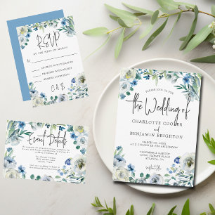 Blue White Peony Floral Chic Spring Garden Wedding RSVP Card
