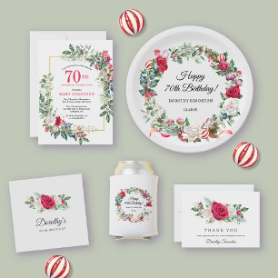 Red White Rose Floral Holly 70th Birthday Party Invitation
