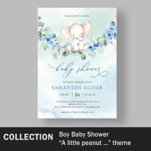 Cute boy elephant Dusty Blue flowers Eucalyptus  Invitation