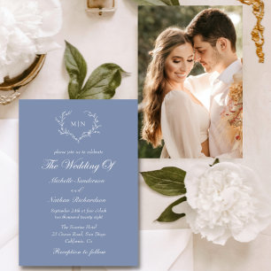  Elegant Blue Wedding Monogram Wreath  Invitation