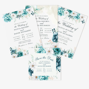 Off-White Teal Floral Wedding Invitation