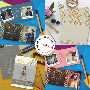 Colourful Diagonal Stripes Photo Graduation Party Invitation