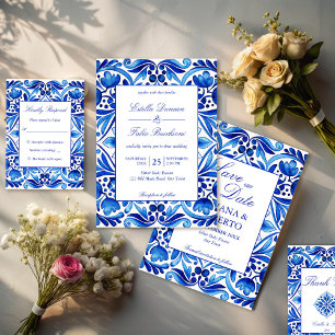Vintage Talavera Azulejo blue tiles wedding Save The Date