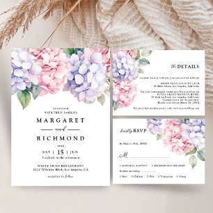 Dusty Purple & Blush Pink Hydrangea Floral Wedding Invitation