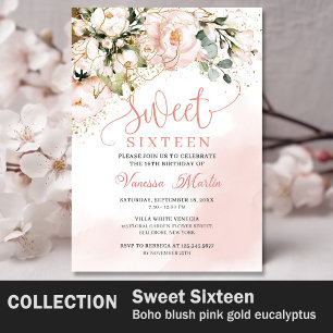 Elegant blush pink roses eucalyptus 16th birthday tapestry