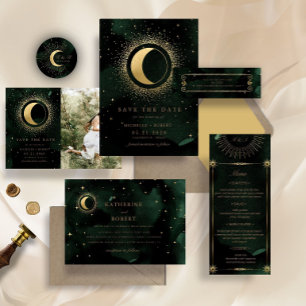 Celestial Emerald Gold Crescent Moon Wedding Invitation