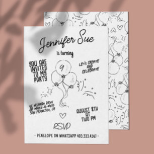 Retro Names Doodle Modern Balloon Birthday Invitation
