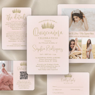 Simply Elegant Quinceañera 3 Photo Blush Pink Invitation