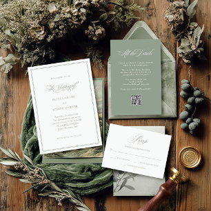 Sage Green and White   Italian Elegance Wedding RSVP Card
