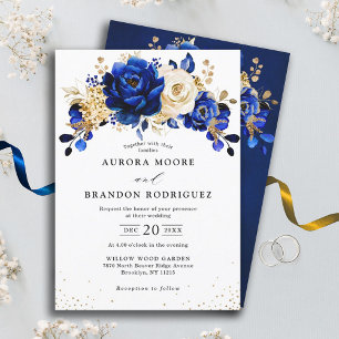 Royal Blue Yellow Gold Metallic Floral Wedding All In One Invitation