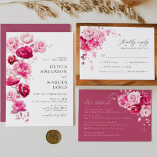 Boho Magenta Hot Pink Rose Floral Wedding Photo Save The Date