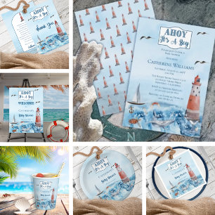 Ahoy It's A Boy Lighthouse Ocean Baby Shower QR Invitation