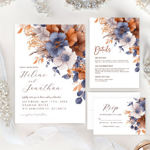 Floral Elegant Dusty Blue Rust Wedding Thank You Card